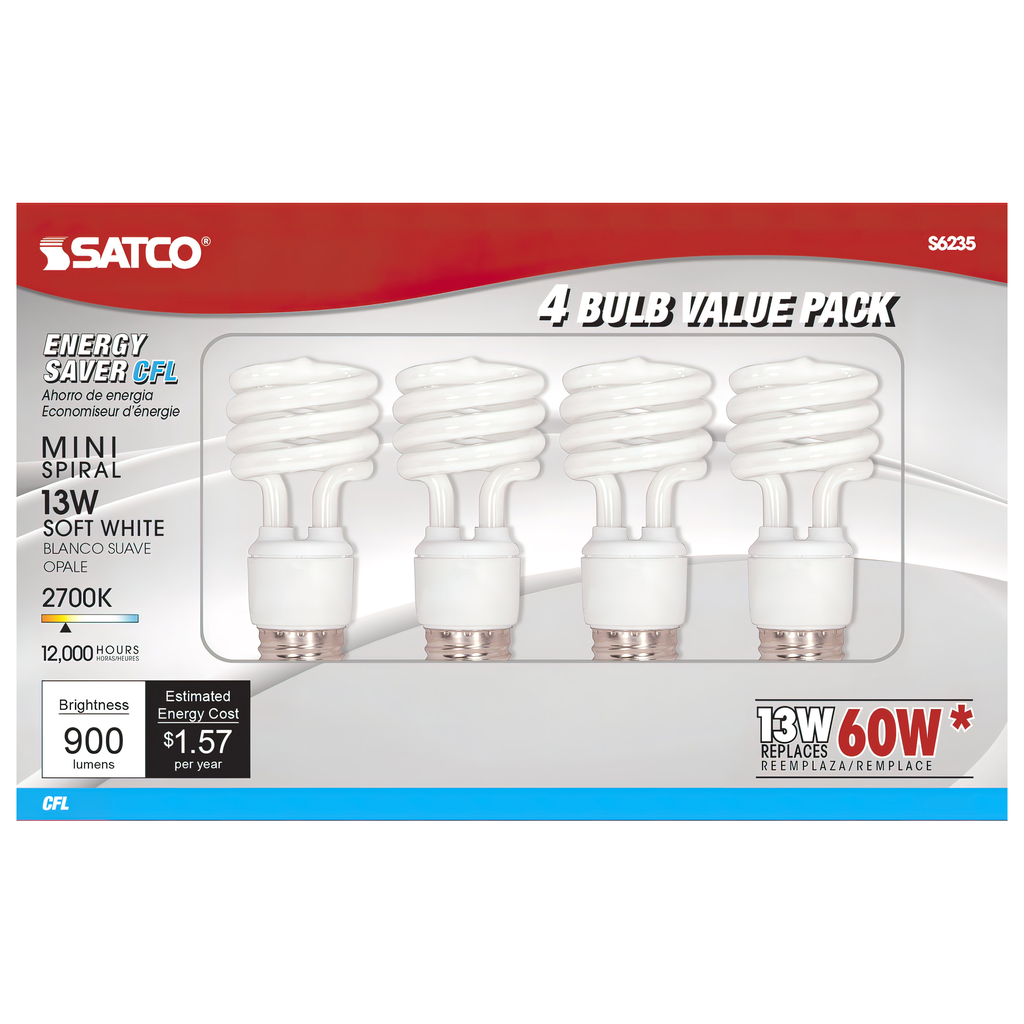 13 Watt; Mini Spiral Compact Fluorescent; 2700K; 82 CRI; Medium base; 120 Volt; 4-pack