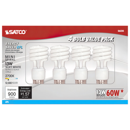 13 Watt; Mini Spiral Compact Fluorescent; 2700K; 82 CRI; Medium base; 120 Volt; 4-pack