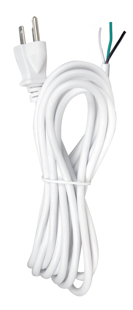 15 Foot 18/3 SVT 105C Heavy Duty Cord Set; White Finish; 50 Carton; 3 Prong Molded Plug; Stripped And Slit; 1/4" Diameter