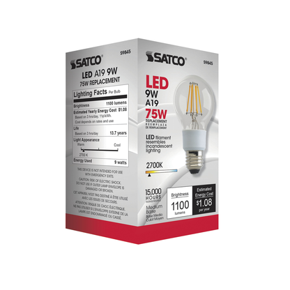 9 Watt A19 LED; Clear; Medium base; 2700K; 1100 Lumens; 120 Volt