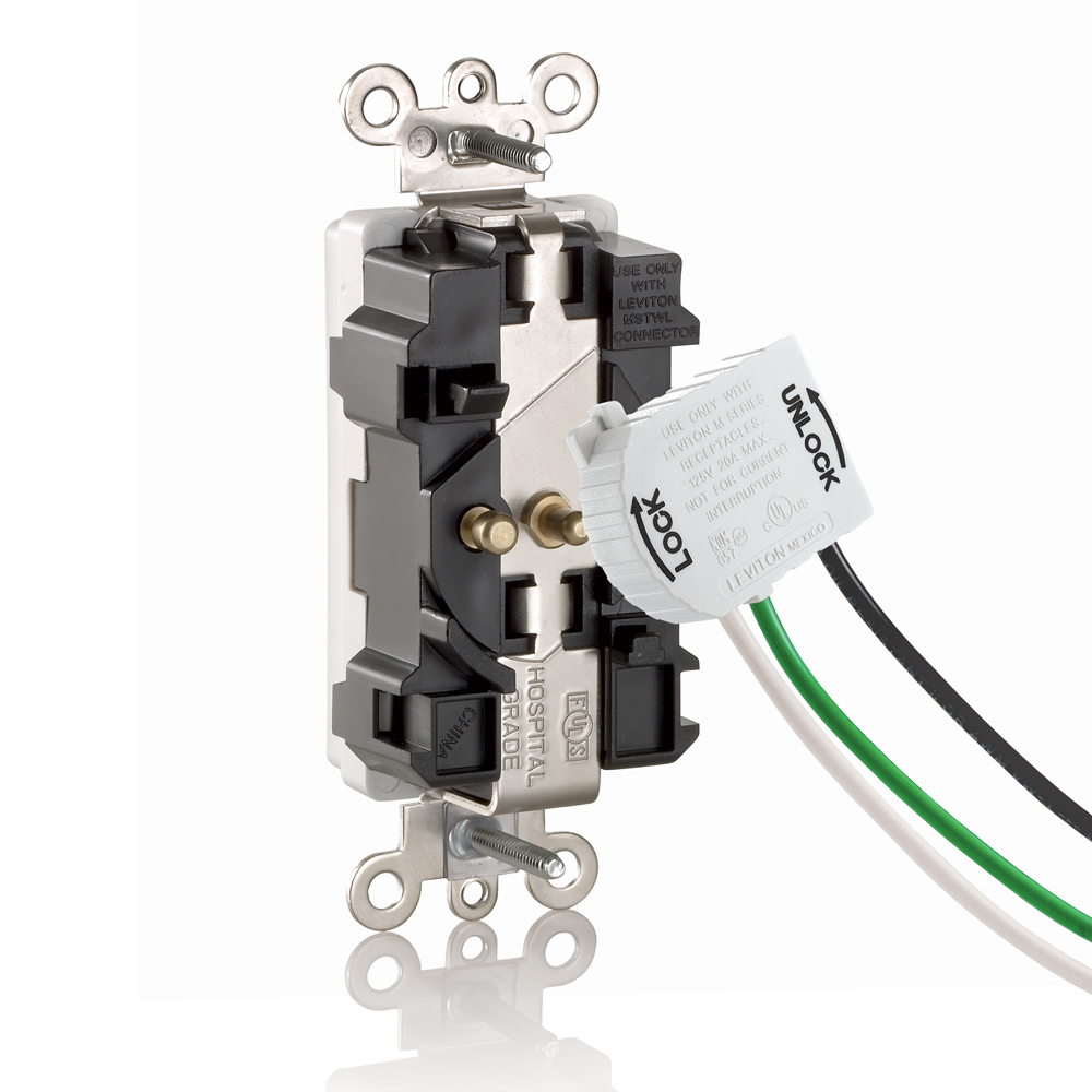 20 Amp Lev-Lok® Decora Plus Duplex Receptacle/Outlet, Industrial Grade, Self-Grounding