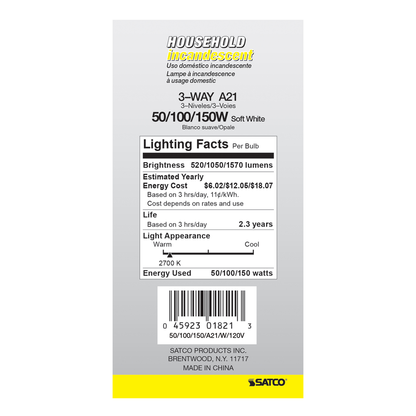 50/100/150 Watt A21 Incandescent; White; 2500 Average rated hours; Medium base; 120 Volt