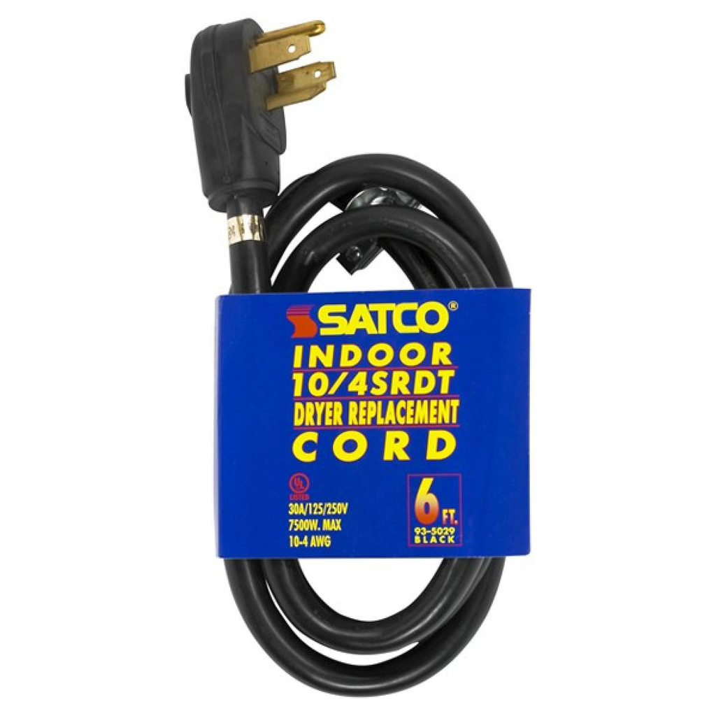 6 Foot, 4 Wire Heavy Duty Replacement Dryer Cord, 10-4 SRDT Black Round, Indoor Use Only, 30A/125V-250V, 7500W