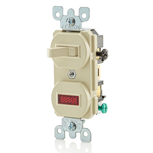 15 Amp, 120 Volt, Duplex Style Single-Pole / Neon Pilot AC Combination Switch, Commercial Grade, Non-Grounding, Side Wired , Ivory