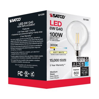 8 Watt G40 LED; Clear; Medium base; 90 CRI; 3000K; 120 Volt