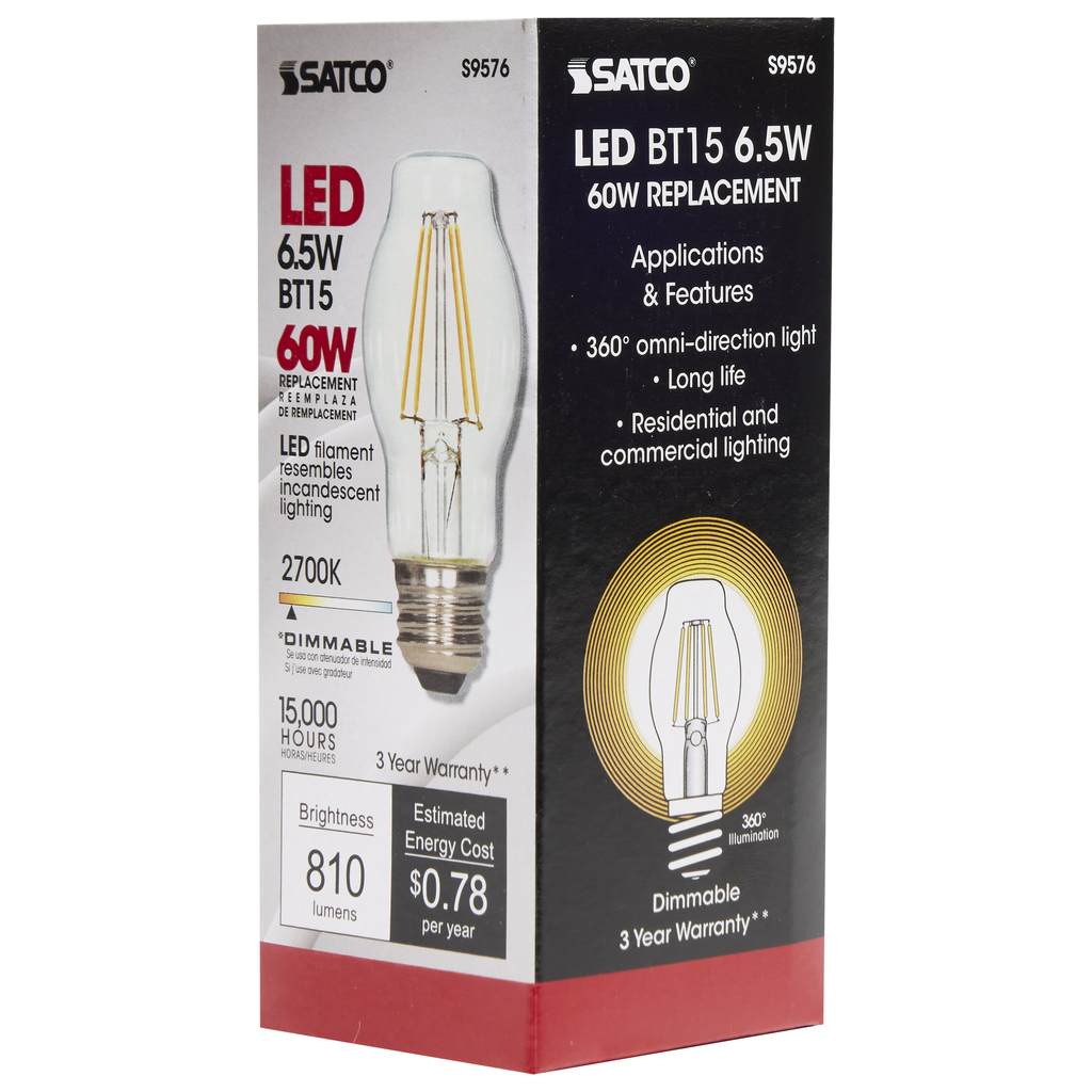 6.5 Watt BT15 LED; Clear; Medium base; 2700K; 810 Lumens; 120 Volt