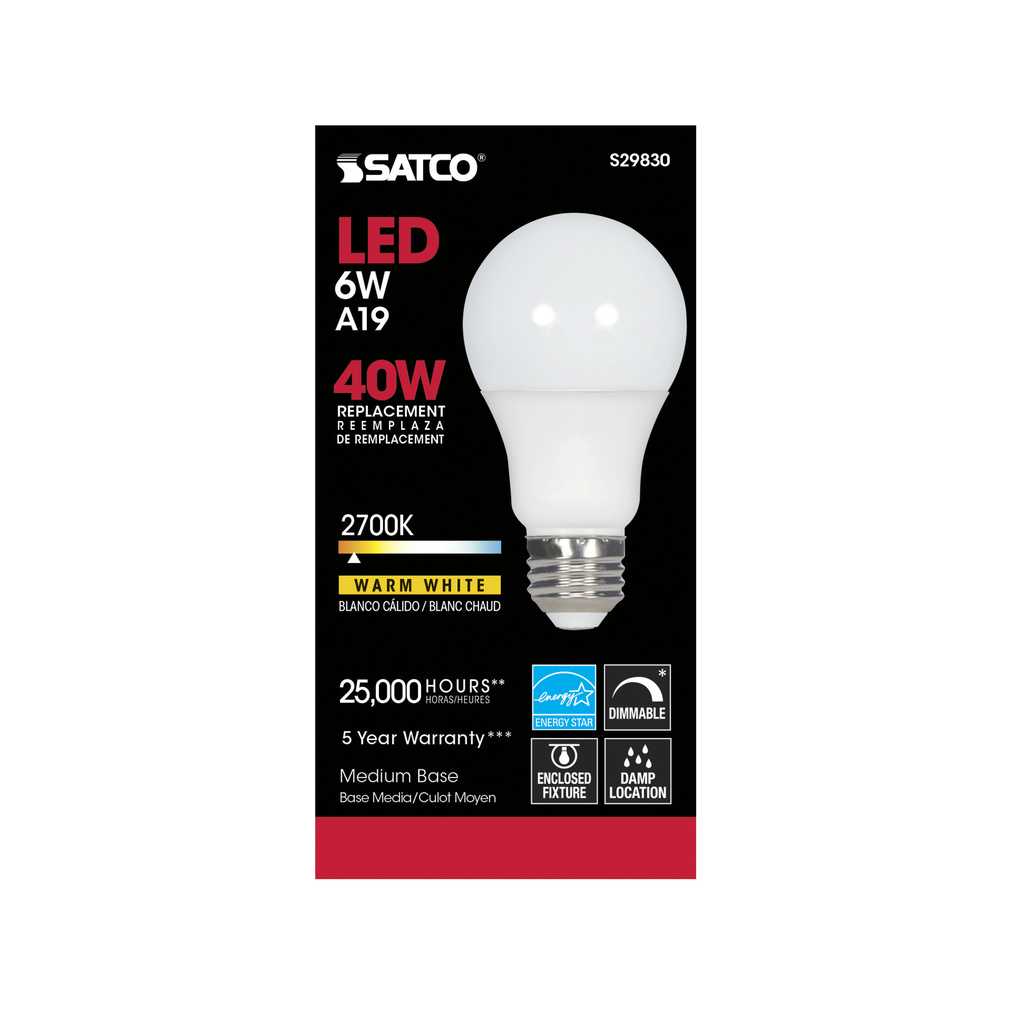 6 Watt; A19 LED; 2700K; Medium base; 220 deg. Beam Angle; 120 Volt