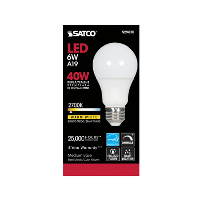 6 Watt; A19 LED; 2700K; Medium base; 220 deg. Beam Angle; 120 Volt