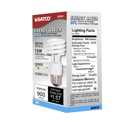13 Watt; Mini Spiral Compact Fluorescent; 5000K; 82 CRI; Medium base; 120 Volt