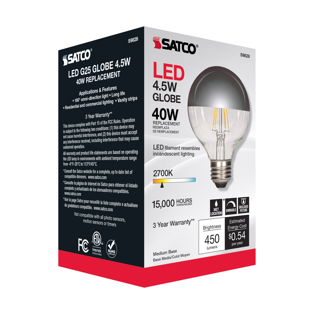 4.5 Watt G25 LED; Silver crown; Medium base; 2700K; 430 Lumens; 120 Volt