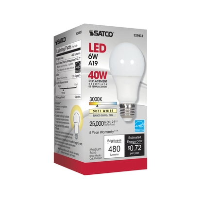 6 Watt; A19 LED; 3000K; Medium base; 220 deg. Beam Angle; 120 Volt