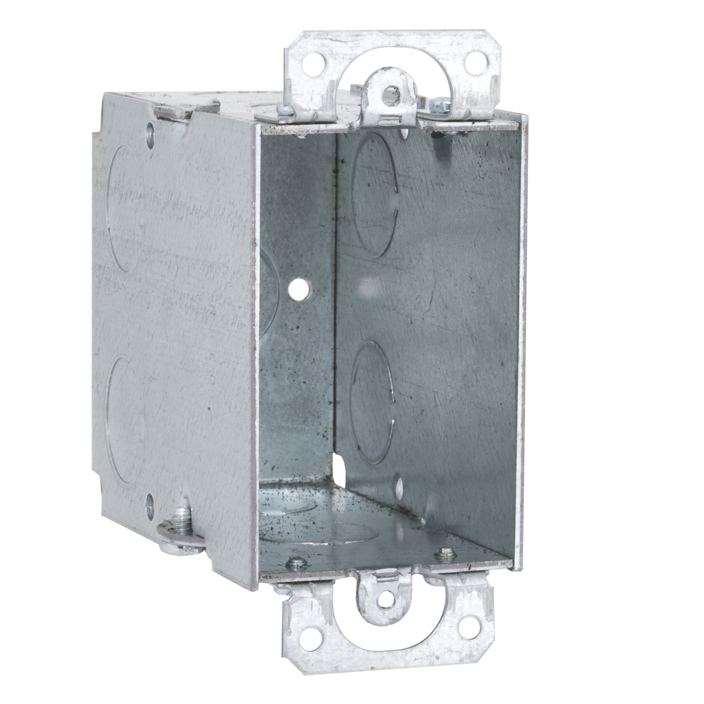 3 in. x 2 in. Switch Box, Gangable, 3-1/2 in. Deep, Nine 1/2 in. KO's, Plaster Ears