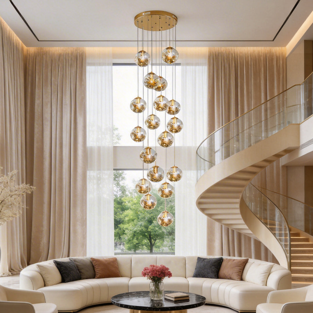 [Open-Box]Gold Staircase Chandelier Cognac Glass Globe Ceiling Light
