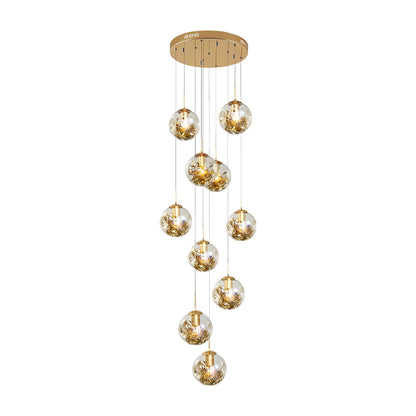 [Open-Box]Gold Staircase Chandelier Cognac Glass Globe Ceiling Light