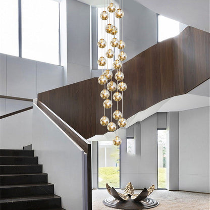 [Open-Box]Gold Staircase Chandelier Cognac Glass Globe Ceiling Light