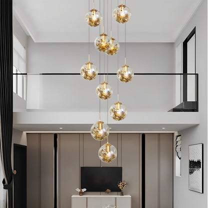 [Open-Box]Gold Staircase Chandelier Cognac Glass Globe Ceiling Light