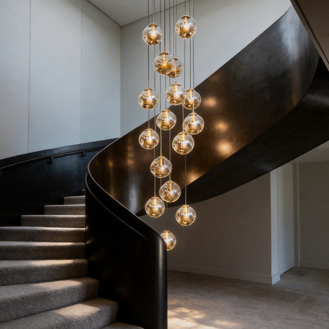 [Open-Box]Gold Staircase Chandelier Cognac Glass Globe Ceiling Light