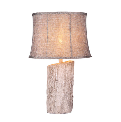 White Wood Table Lamp Realistic Bark Fabric Shade Ambient Lamp