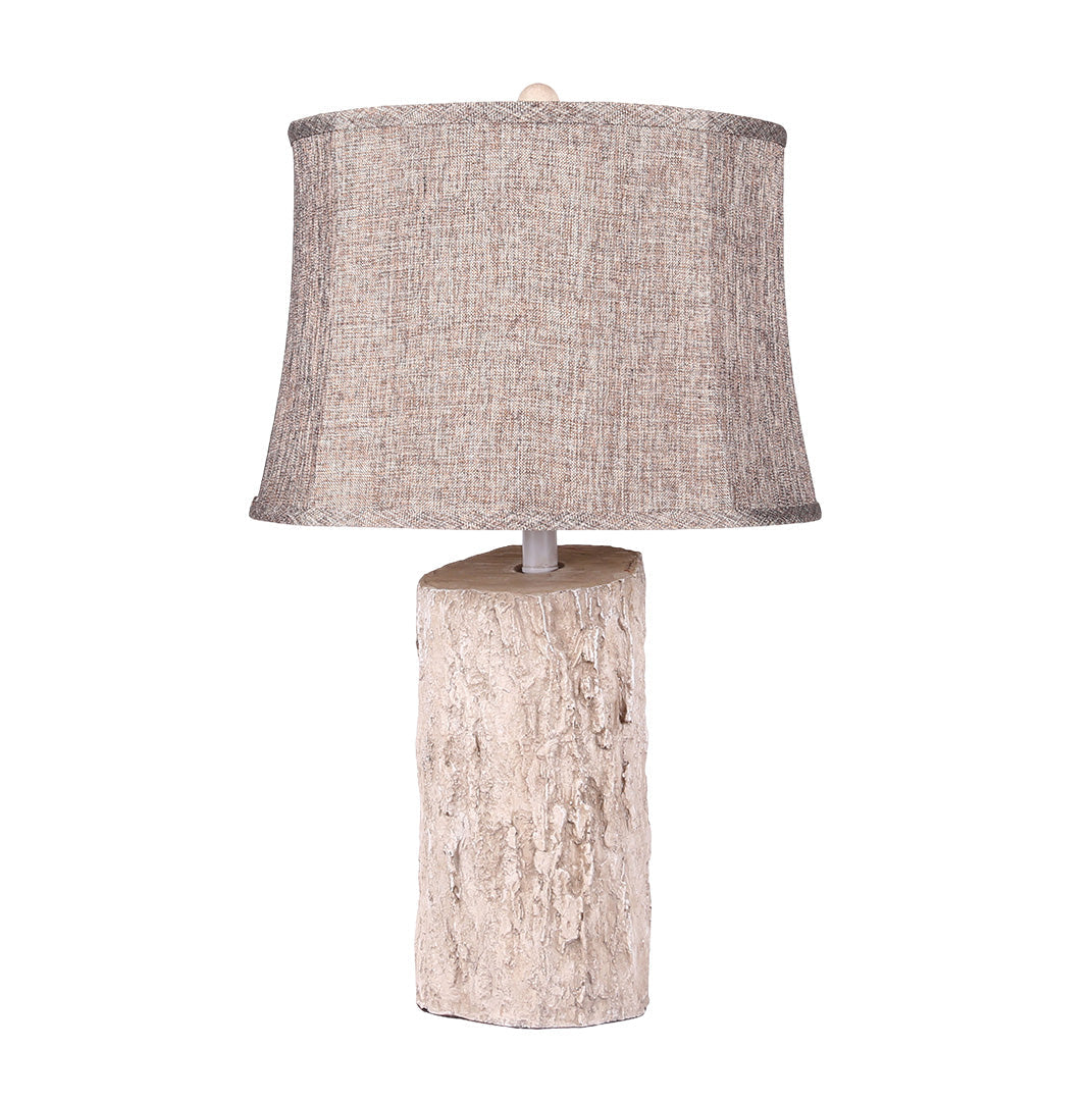 White Wood Table Lamp Realistic Bark Fabric Shade Ambient Lamp