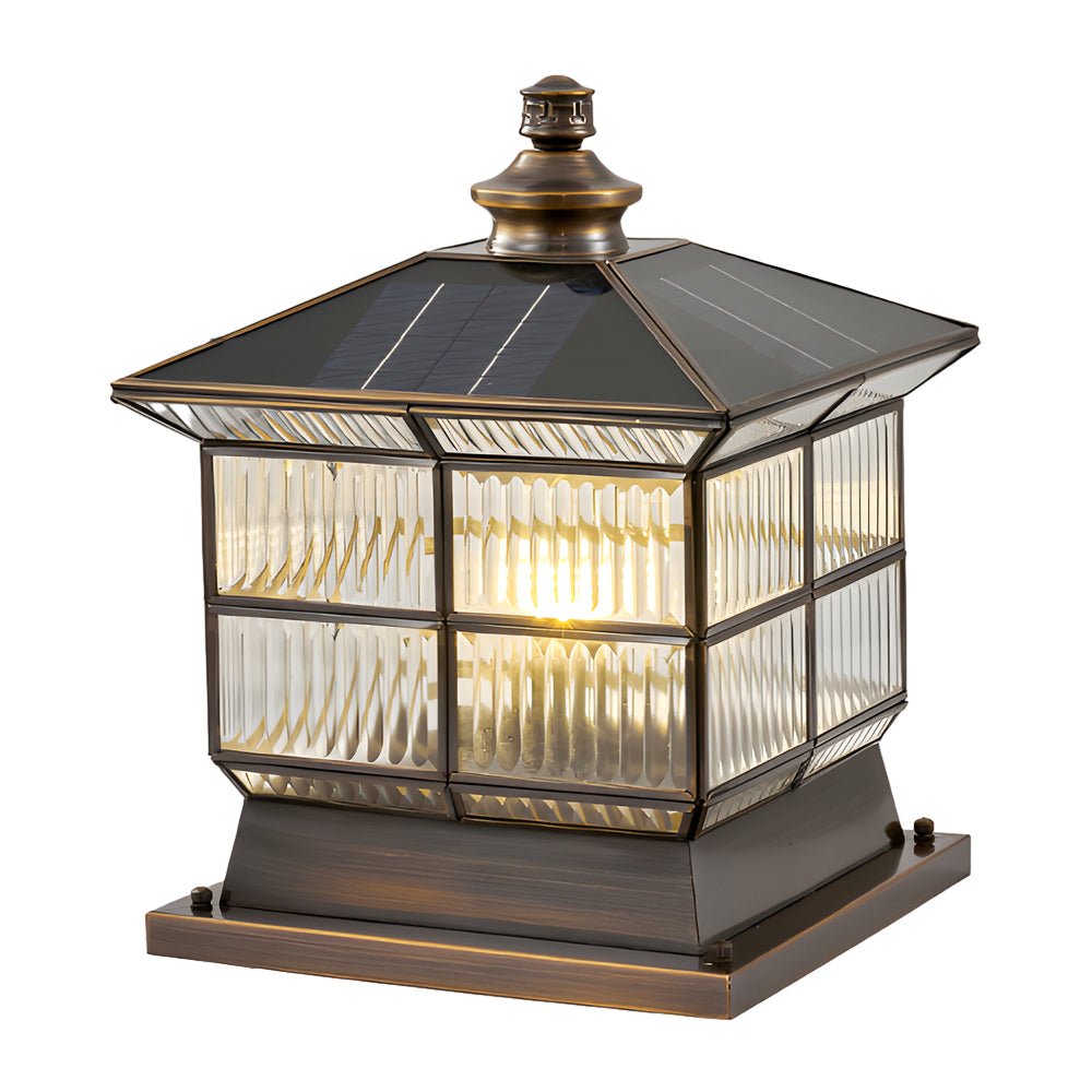 [Open-Box]Square Bronze Hardwired/Solar Pillar Lamp Fence Post Light with 3 Step Dimming