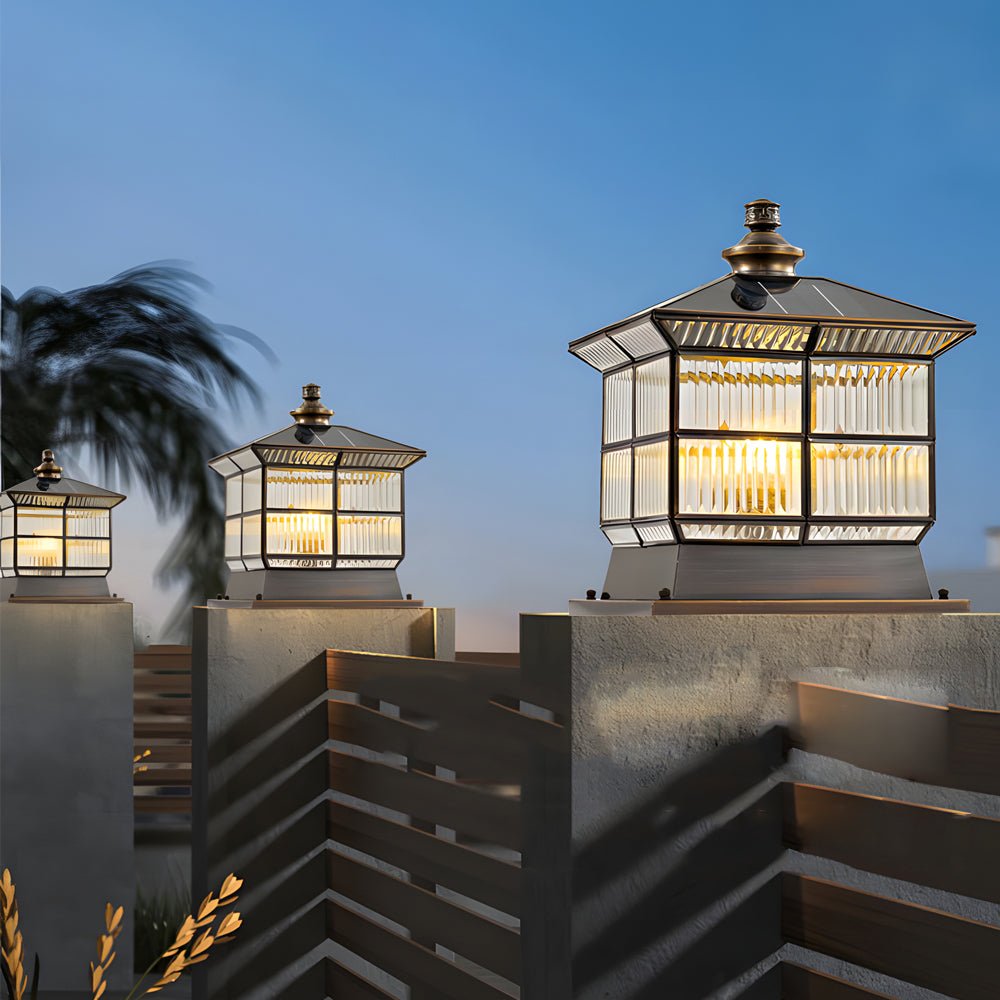 [Open-Box]Square Bronze Hardwired/Solar Pillar Lamp Fence Post Light with 3 Step Dimming