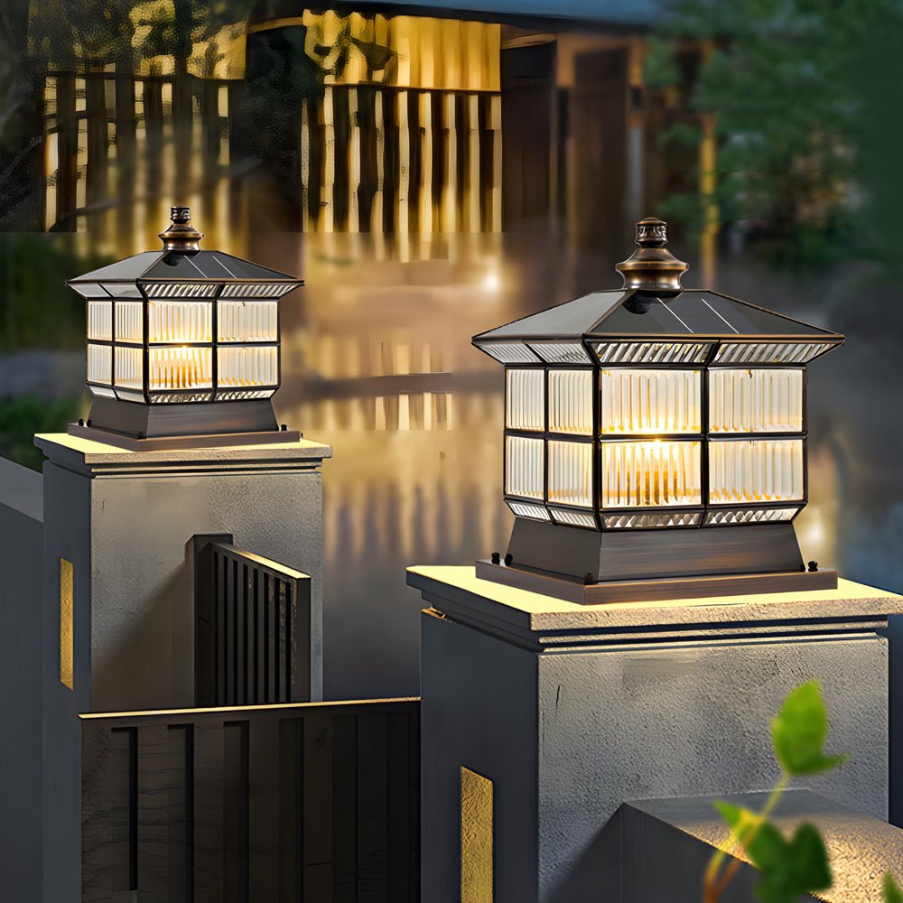 [Open-Box]Square Bronze Hardwired/Solar Pillar Lamp Fence Post Light with 3 Step Dimming