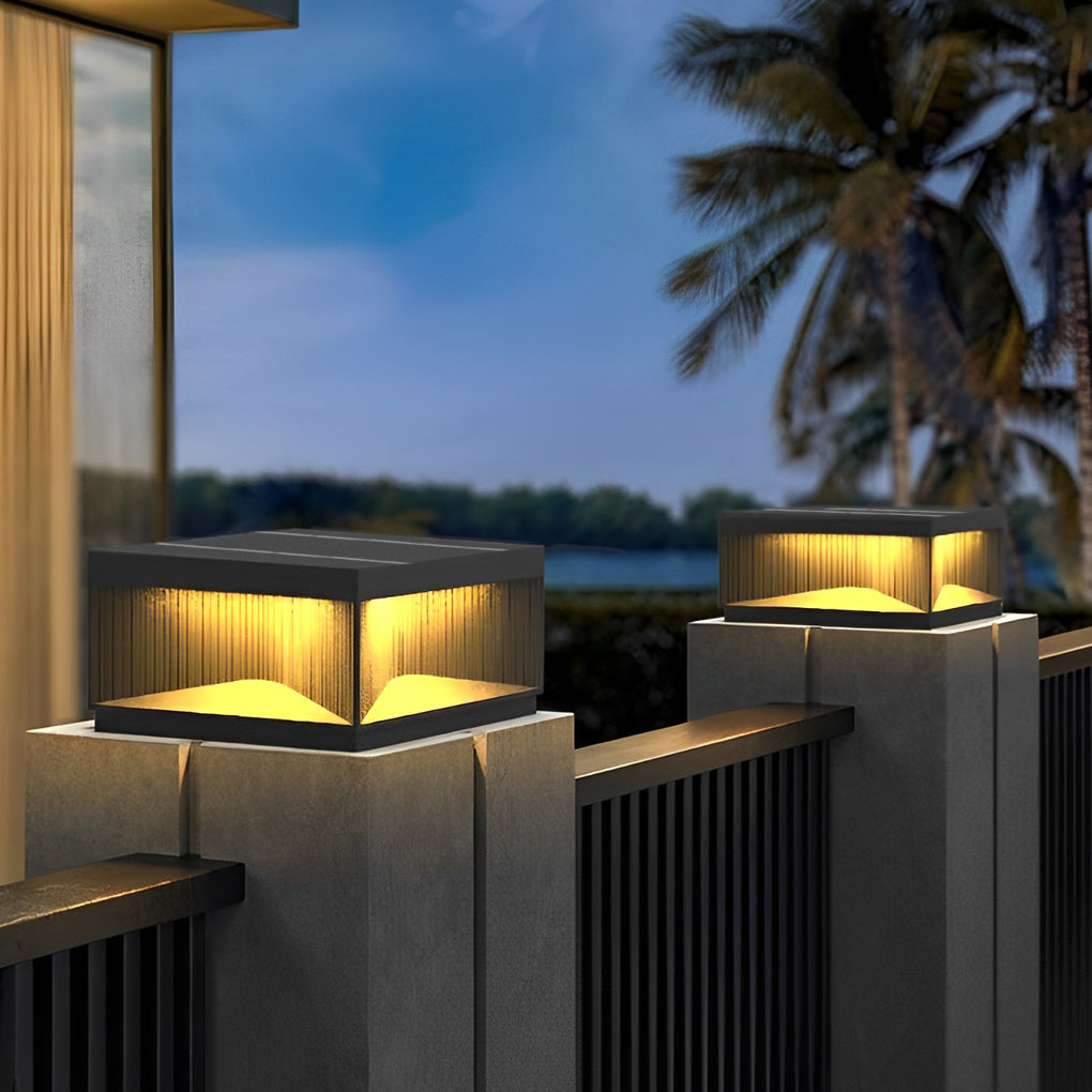[Open-Box]Square Metal Striped Decor LED Waterproof Black Solar Fence Post Light