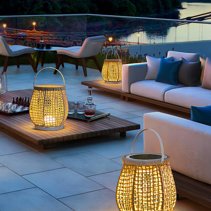 Woven Outdoor Lanterns Stylish with Handle Portable Patio Floor Lamp