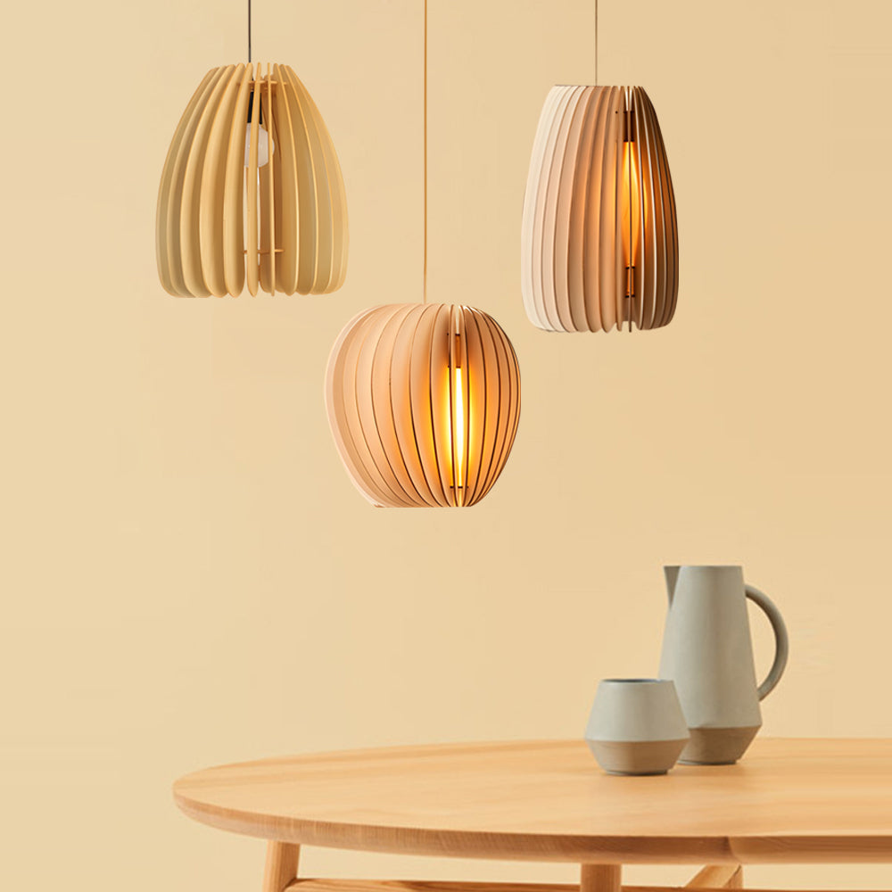 Wood Slat Pendant Light Rustic Handmade LED Ceiling Light