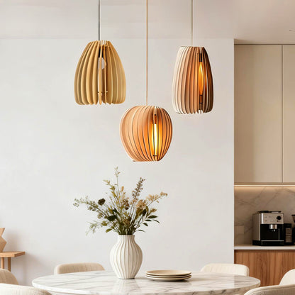 Wood Slat Pendant Light Rustic Handmade LED Ceiling Light