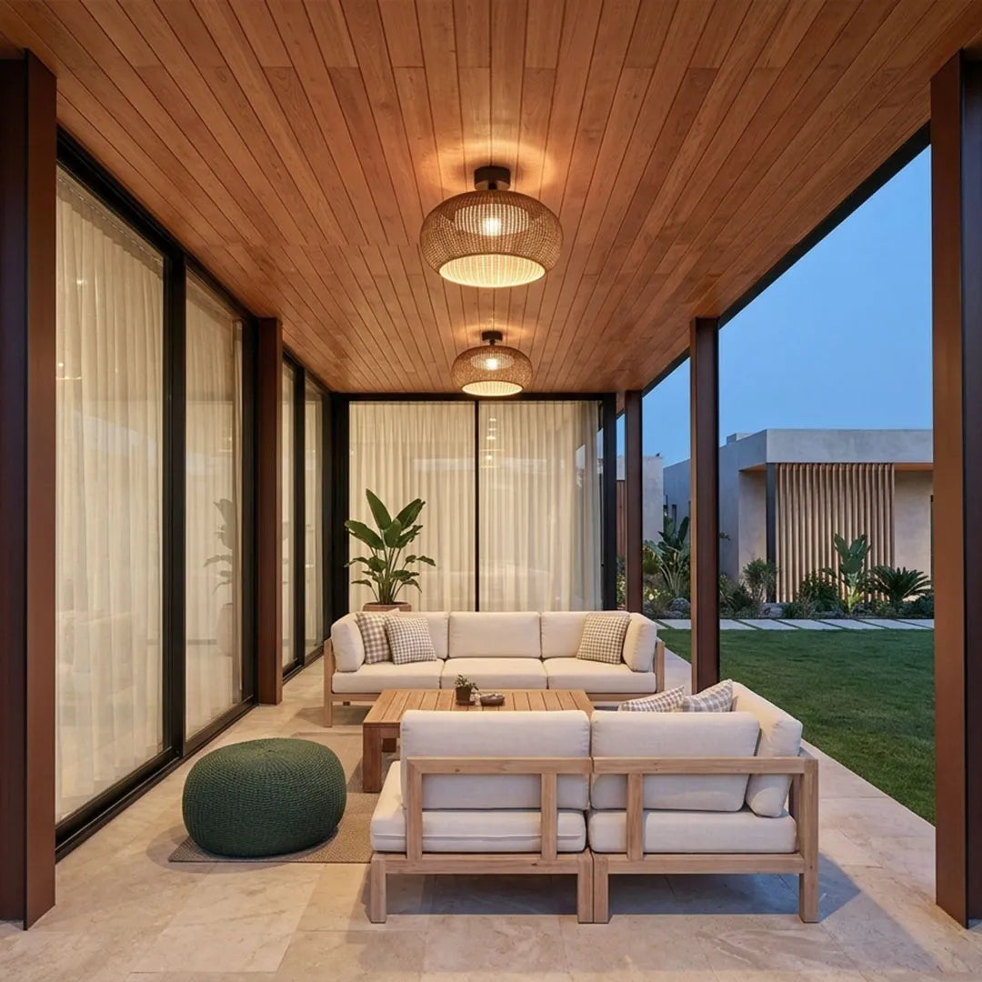 Woven Flush Mount Light Rattan Outdoor Waterproof Ceiling Light