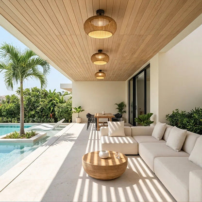 Woven Flush Mount Light Rattan Outdoor Waterproof Ceiling Light