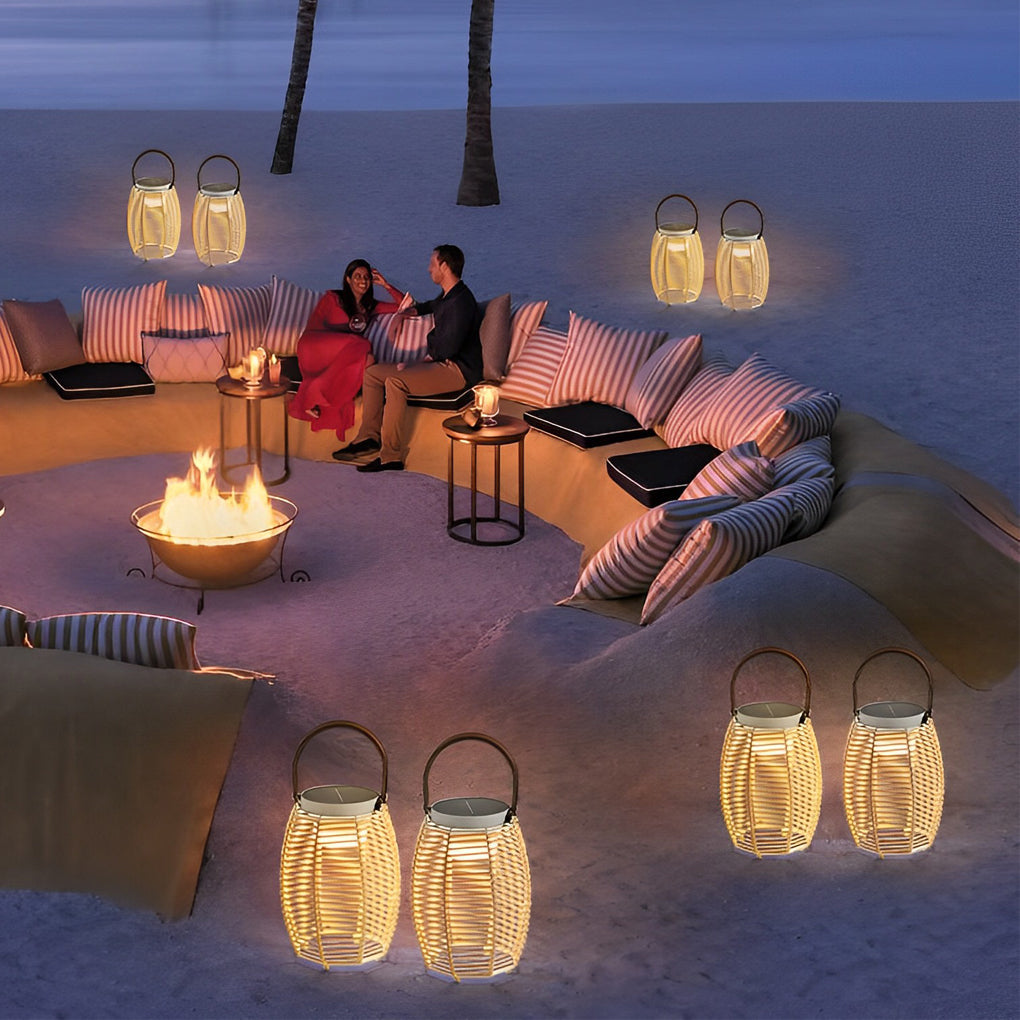 Woven Rattan Lanterns Portable LED Waterproof Solar Outdoor Light